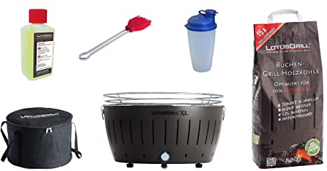 LotusGrill XL startsats 1 x XL grill, 1 st. träkol 1 kg, 1 x brännpasta 200 ml, 1 x marinerpensel mandarinorange, 1 st. morgonshaker, 1 st. transportväska XL Anthrazitgrau