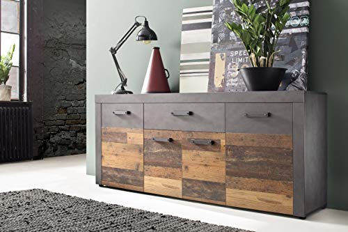 trendteam smart living - Indy - Kommode - Eiche/Grau - Sideboard mit 4 Türen, 1 Schublade und 5 Einlegeböden - (BxHxT) 178 x 76 x 40 cm - antikfarbene Griffe