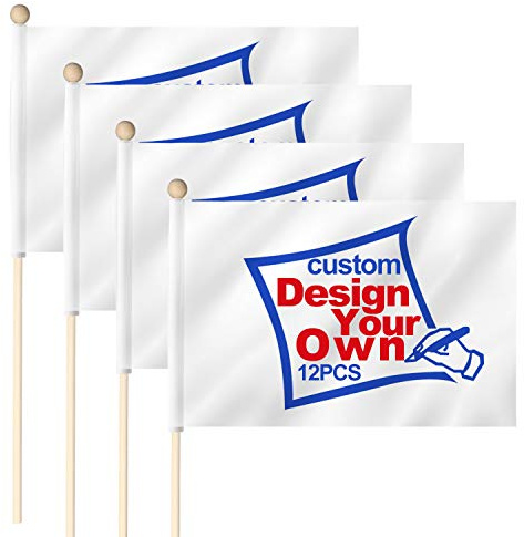 Anley Maßgeschneiderte Miniatur-Stabflagge 5 x 8 Zoll mit Holzstange – Drucken Sie Ihr eigenes Design/Wörter – einfach zu handhaben – individuelle handgehaltene Mini-Flaggen-Banner (1 Dutzend)