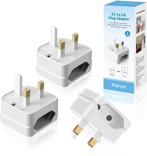 Aieve 3 Pack EU to UK Plug Adapter, European to UK Plug Adaptor Socket Converter with 13A Fuse, 2 to 3 Pin for Travel Electronic Device - White