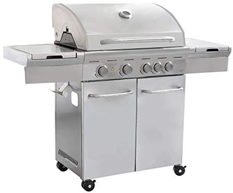 Milani Home_Barbecue A Gas In Acciaio Inox 4 Fuochi + 1 Laterale, Con Piastra E Griglia In Ghisa Per Esterno Giardino Portico Terrazzo