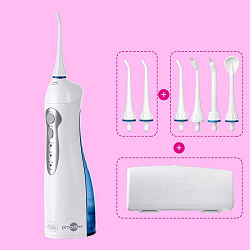 Irrigador Bucal Portátil con 3 Modos 6 Boquillas de 150ml Impermeable IPX7 para Higiene Dental Limpieza Dental Ideal para Viaje,Azul,27 * 6 * 7cm