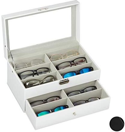 Relaxdays Brillenbox 12 Brillen, Aufbewahrung Sonnenbrillen, HBT: 15,5 x 33,5 x 19,5 cm, Kunstleder Brillenkoffer, weiß