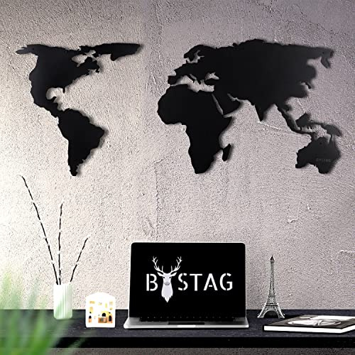 Tubibu Weltkarte Wandkunst, 100% Metall Weltkarte 2D, Skulptur, groß und breit – Wandbehang für Wohnzimmer, Schlafzimmer, Schlafsaal (schwarz, (60 x 120 cm)