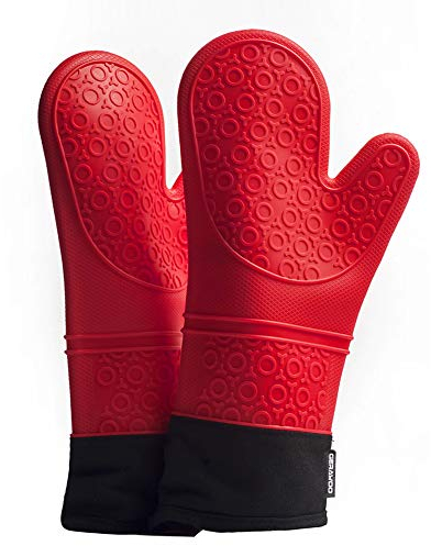 Backhandschuhe Ofenhandschuhe SiliKon Hitzebestaendig (1 Paar) Bis Zu 260 °C, Extra Lange Backofenhandschuhe Oven Gloves zum Pizza und Kochen (Rot)