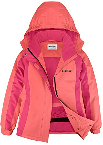 ENDIRAD Kids Ski Snow Jacket for Girls Waterproof Winter Snow Coat Size 7-8, Warm Fleece Lined Winter Windproof Jacket with Hood