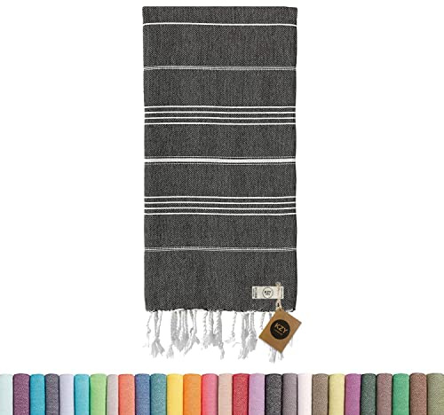 Turkish Beach Towel - 100x180cm Large Turkish Hammam Peshtemal Towel - Super Absorbent, Quick Dry, Sand Free, Lightweight, Compact Towels for Swimming, Bath, Yoga Gym, Sauna and Travel (Black)