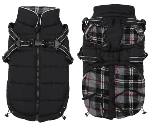 Pethiy -Super Warm Hunde wintermäntel mit Geschirr, Hundejacke mit Innenfleece, wasserdichte Kleine Hundemantel Winterweste Hundepullover mit Brust Gurt fur Haustier -Schwarz-XS