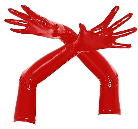 dPois Damen Wetlook Handschuhe Lange Kunstleder Fingerhandschuhe Abendhandschuhe Armstulpen Gothic Punk Kostüm Halloween Party Rave Clubwear Rot S