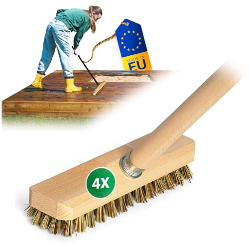 Novaliv Lot de 4 brosses à récurer en bois avec poils Union et tige en bois | Balai avec filetage | Brosse à récurer | Brosse de sol | Pour balcon, terrasse, jardin, intérieur et extérieur