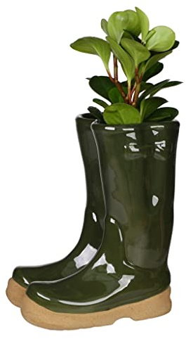 Dibor Large Dark Green Ceramic Double Wellington Boot Shaped Indoor Plant Pot Fathers Day Gardening Gift