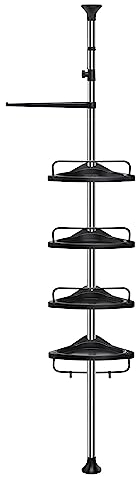 SONGMICS Shower Caddy, Telescopic Corner Shower Shelf for Bathroom, 95-300 cm High Pole, Stainless Steel, with 4 Shelves, 3 Hooks, 1 Towel Bar, Metallic Silver and Ink Black BCB002B01