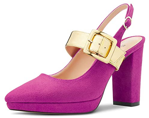 Saekcted Mujer Chunky Ancho Alto High Plataforma Heel Puntiaguada Punta Sandalias Correa Tobillo Mary Jane Pumps Fiesta Zapatos Fucsia 36 EU