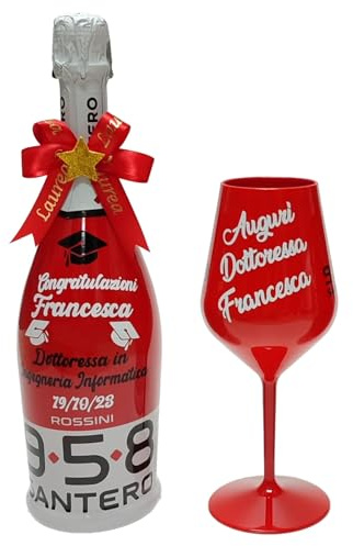 BOTTIGLIA Spumante e 1 Bicchiere Rosso Personalizzabili ideali per Laurea con 3 Tocchi applicati sulla bottiglia, Scritta e Fiocco con Dettaglio da scegliere in fase di personalizzazione