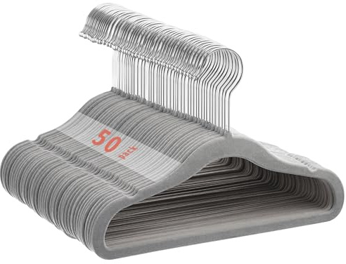 MangoKit halkfria barnklädhängare i sammet, ultrasmala platsbesparande klädhängare i sammet för barn, 360 graders vridbar krok, robusta klädhängare för barnkläder, 50-pack (28 cm, grå)