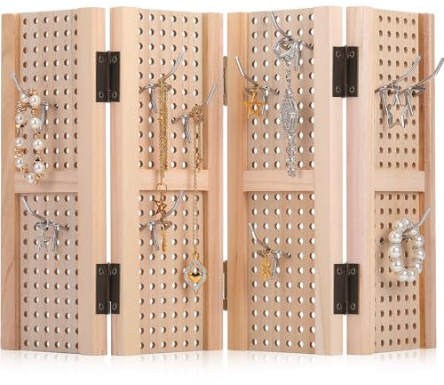 GlikCeil Pegboard Display Stand with 20 Peg Hooks, 4 Panel Wood Portable Retail Display Board for Keychain Supplies