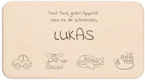 Personalisiertes Frühstücksbrettchen für Kinder aus Buchenholz mit individuellem Namen als Gravur Einzigartiges Geschenk für kleine Frühstückshelden - Motiv: Fahrzeuge