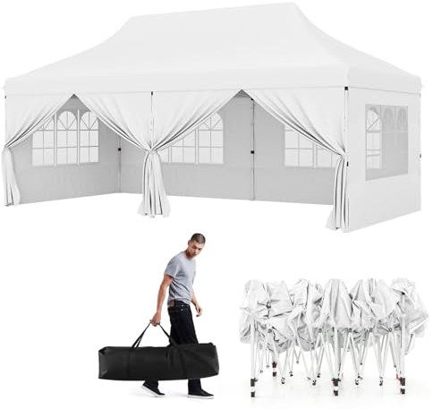 GOPLUS Tonnelle Pliante 3x6m Imperméable, Tonnelle Barnum Pliante 3x6 de Jardin Exterieur, Sac de Transport, Sac Lesté, Pavillon de Jardin Pop-Up pour Fête, Mariage (Pliable,Blanc-Bâche)