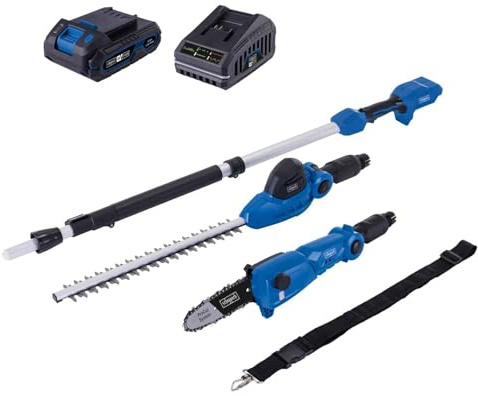 Scheppach Akku Multifunktionsgerät C-PHTS410-X 2in1 | Schnittlänge Heckenschere & Hochentaster 410/180mm | Schultergurt & Teleskopstange | 20V-IXES-Serie | 10 Jahre Garantie | mit 2Ah Akku & Ladegerät