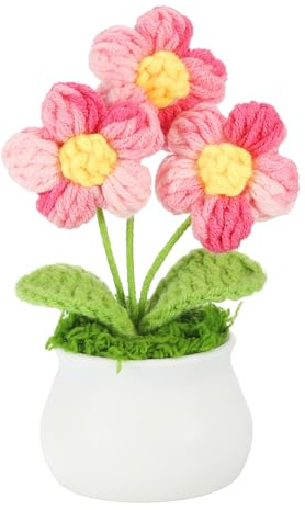 PATIKIL Gehäkelte Blumen im Topf Mini-Topfpflanzen Farbverlauf Pink | handgefertigte gestrickte, Puff-Strickblumen, als künstliche Blumen für Valentinstagsgeschenke