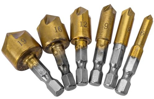 Mesee Jeu de 6 Forets Fraise à Chanfreiner 5 Flûte Fraise Conique en HSS Titane Revêtu, 6.35mm Tige Hex Foret à Chanfrein 82° Coupe-Chanfrein Foret à Tête Fraisée pour Bois PVC Plastique