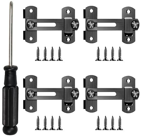 SPOKKI 4 Pezzi Chiavistello per Porta con 16 Viti, Cacciavite a croce, Chiavistello per Porta in Legno, Serratura Porta in Acciaio Inox, Chiusura a Chiavistello per Porta, Giardino, Finestre (Nero)