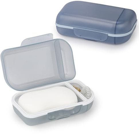 Oamwrae 2 Pieces Soap Dish with Lid, Travel Soap Case with TPR Sealing Ring, Portable Soap Holder, for Shower, Travel, Hiking, Bathroom (Grey & Blue)