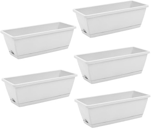 The Fellie 5 PCS Large Garden Planter Plastic Trough With Drainage Holes & Tray, Outdoor Rectangle Long Planter For Windowsill & Balcony, Vegetable Plant Pot For Succulent, Pale 49.5L*19W*15.7HCM