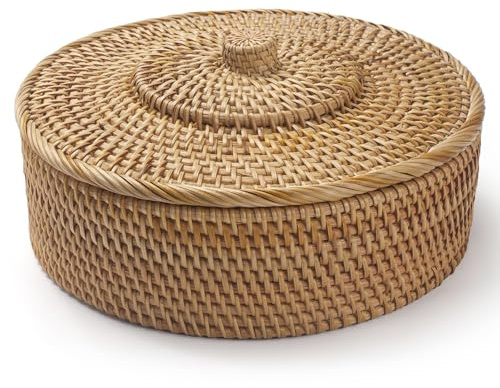 Rattan Basket With Lid, Wicker Basket for Organizing, Hand-Woven Decorative Box for Shlef or Table, Natural