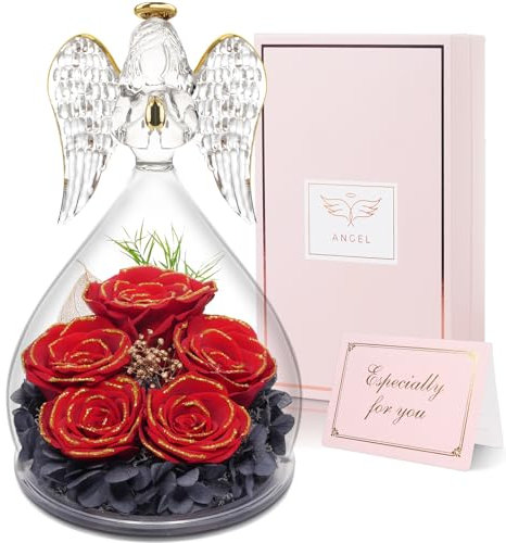 Yamonic Geschenke für Mama, Ewige Rose im Glas Engel Figur, Geschenke für Frauen Weihnachten,Ewige Blume in Engel Glaskuppel, Geburtstagsgeschenk für Frauen, Mutter Oma Geschenk,5 Infinity Rosen