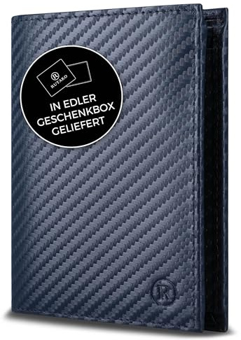 RUTAKO Leder Geldbörse Herren mit RFID Schutz - Portemonnaie Groß mit Münzfach - 12 Fächer - Geldbeutel für Männer - Brieftasche Wallet Portmonee Carbon-Blau