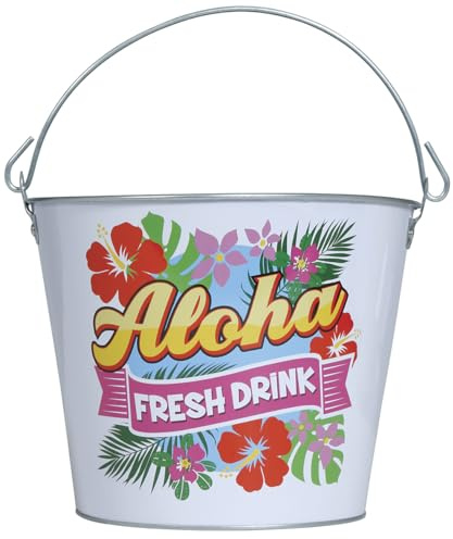 FIESTAS GUIRCA Wiederverwendbarer Aloha-Metalleimer (19 x 23 cm), Tischdekoration für Sommerpartys und Abschlussfeiern, ideal für Hawaii-Themen und Feiern, Weiß