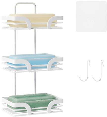 GRANNY SAYS Seifenhalter ohne Bohren, Wandseifenschale mit 3 Ebenen, Seifenschale ohne Bohren mit 2 Haken, weiß Seifenablage Dusche, Seifen Halter für Bad, Seifenschale Wandmontage, Soap Holder