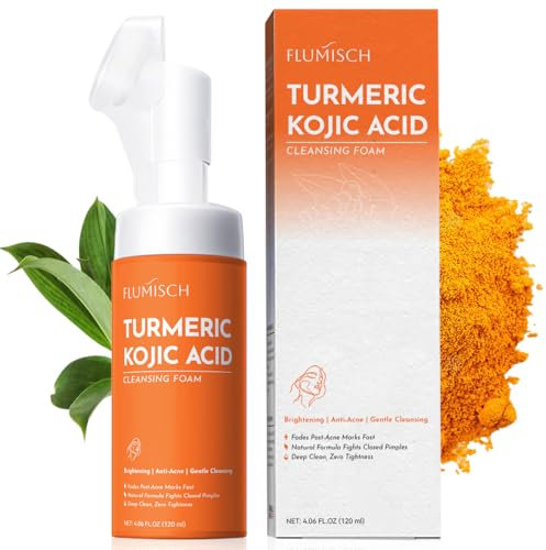 FluMisch Detergente Viso alla Curcuma e Acido Kojic - Schiuma Schiarente con Testine Massaggianti Morbide, Formula Esfoliante per Macchie Scure, 120ml