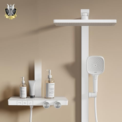 EMKE Duschsystem mit Thermostat, Regendusche 36x24cm, Weiß Matt | Einstellbarer Durchfluss, Mit 40cm Ablage, 4-Strahl Handbrause, 3 Strahlarten, Messing, Überkopfbrause Set für Badezimmer
