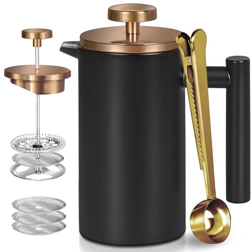WORBIC Black Stainless Steel French Press Coffee Maker, Double Wall Insulated French Press,for Coffee&Tea,with 3 Extra Screens and a Coffee Spoon,34oz/1000ml,Gold