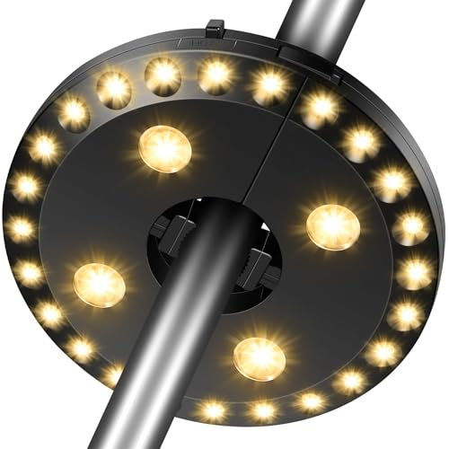 HELESIN Lumières de Parasol, 28 LED Lumière 3 Modes d'éclairage Alimenté par Batterie, Lumineux Parasol éclairage pour Jardin Balcon Terrasse Plage fête Camping déco Blanc Chaud