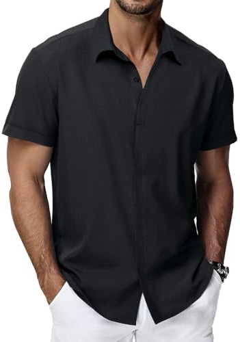 HMIYA Herren Hemd 100% Baumwolle Hemd Sommer Freizeithemd Businesshemd Regular Fit Kurzarmhemd,Schwarz,L