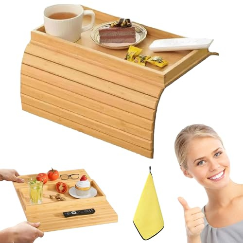 Soporte para Vasos de bambú para sofá, Bandeja Plegable de bambú con Soporte para Vasos, Flexible y Plegable, Soporte para Vasos para Brazo de sofá con Bandeja para sofá (B)
