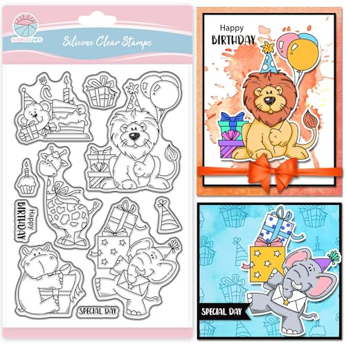 GLOBLELAND Transparente Stempel Mit Dschungeltieren Geburtstagsmotiv Für Scrapbooking Geburtstagswünsche Silikonstempel Cartoon Tiere Stimmung Transparenter Stempel Für Kartengestaltung DIY Prägung