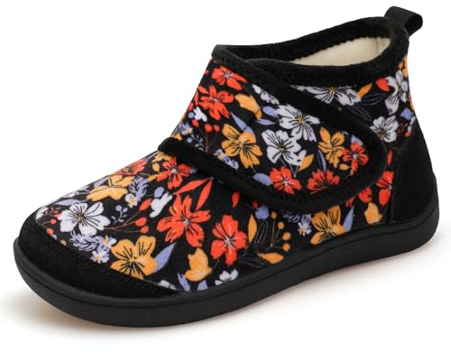 LeIsfIt House Shoes for Women Wide Warm Slipper Boots Adjustable Diabetic Winter Shoes Non-slip Bootie Slippers for Indoor & Outdoor, YellowFlower Size 9