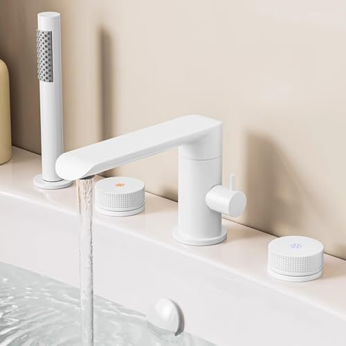 4 Loch Wasserhahn Badewanne Weiß 360° Rotation Dual Modus Wannenrandarmatur Badewannenarmatur,Weiß