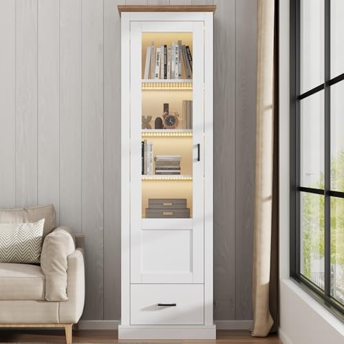 WOBOPCG Vitrinenschrank mit LED, Mehrzweckschrank mit LED Glasvitrine mit 2 Schubladen Hochschrank mit Glastür Bücherschrank Vitrine für Bar Küche Wohnzimmer Schlafzimmer Büro (Weiß, 50x35x178 cm)