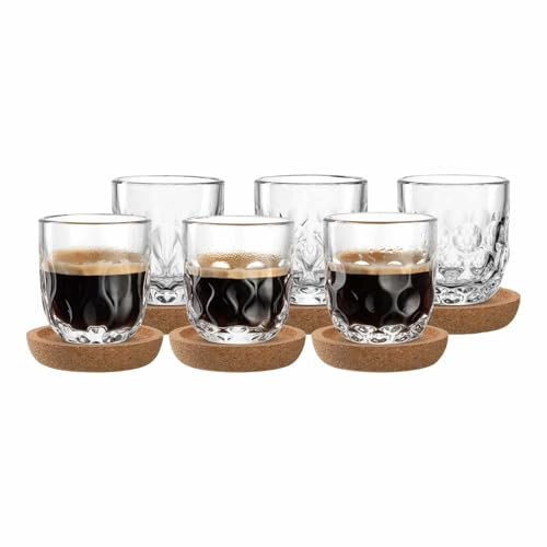 LEONARDO HOME GOCCE Espresso-Set 12-teilig, 60 ml, 6 Korkuntersetzer & 6 Espressogläser für Siebträger, Spülmaschinengeeignet, Mit Tropfenstruktur, Transparent