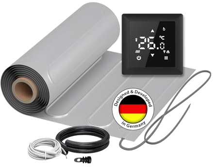 Elektrische Fußbodenheizung: Zweiader-ALU-Heizmatte WARMON ALU 150 W/m² inkl. Thermostat mit Bodensensor, Thermostat:WLAN Schwarz, Mattengröße:1,5 m²
