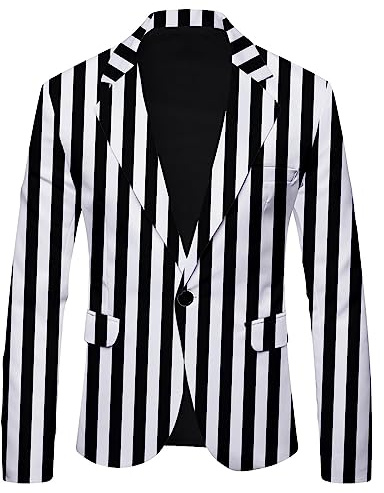 Sakko Herren Blazer Schwarz Weiß Gestreiftes Kostüm Streifen Anzugjacke Slim Fit Kariert Anzug Lässig Business Modern Elegante 1 Knöpfen Britischer Stil Schutzanzug Hochzeit Smoking