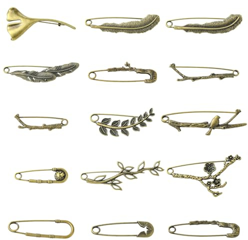 Gelirda 15 Stück Sicherheitsnadeln mit natürlichem Thema, Blume, Zweig, Blätter, Vintage-Stil, Antik-Bronze, Federn, Vogel, Brosche für Rucksack, Handwerk, Dekoration