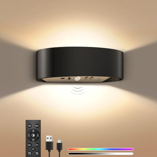 SNADER Akku Wandleuchte Innen/Aussen mit Bewegungsmelder & Fernbedienung 3 Farbtemperatur Wandlicht und 15 Farboptionen, Kabellose Wandlampe Innen Batterie mit Schalter, Aufladbare Wandlampe Dimmbar