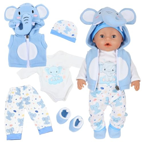 5 Pcs Baby Doll Clothes for 14–17 Inch Dolls, Baby Doll Clothing 35–43cm | Cute Elephant Baby Doll Outfit with Blue Jacket, Top, Pants, Hat + Socks, Gift for Kids(No Doll)