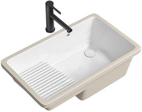 Lavatoio Ceramica con Asse di Lavaggio, a Incasso Sottotop, Lavandino Bagno con Rubinetto e Kit di Scarico, per Mobili Bagno e Lavanderie(Black,595 * 395 * 220mm)